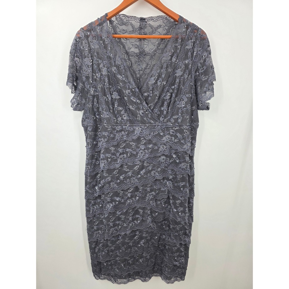 Marina Womens 18W Charcoal Gray Sequin Lace Tiered V-Neck Cocktail Dress
